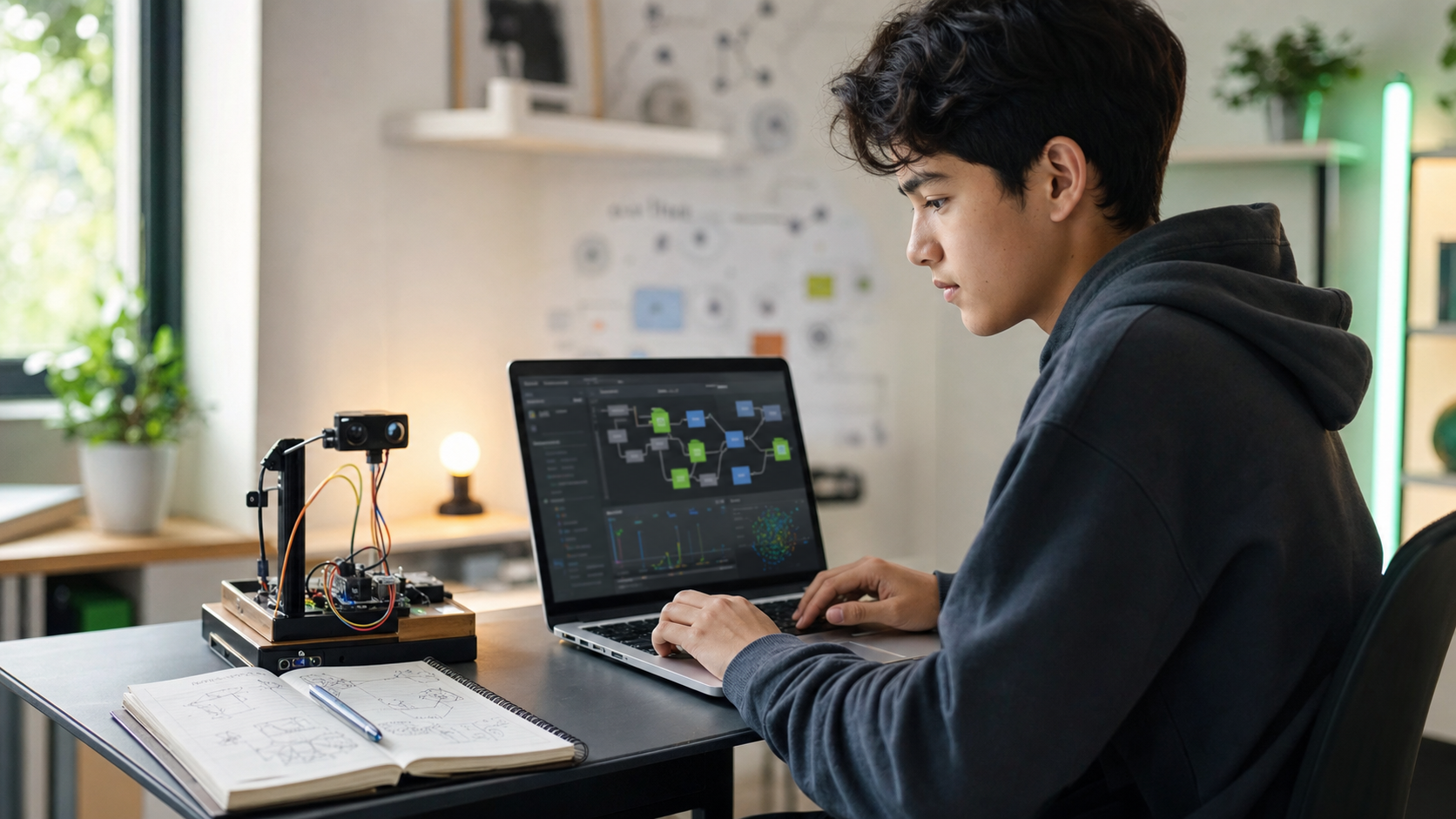 Teen testing an artificial intelligence project at a laptop with a prototype and notebook