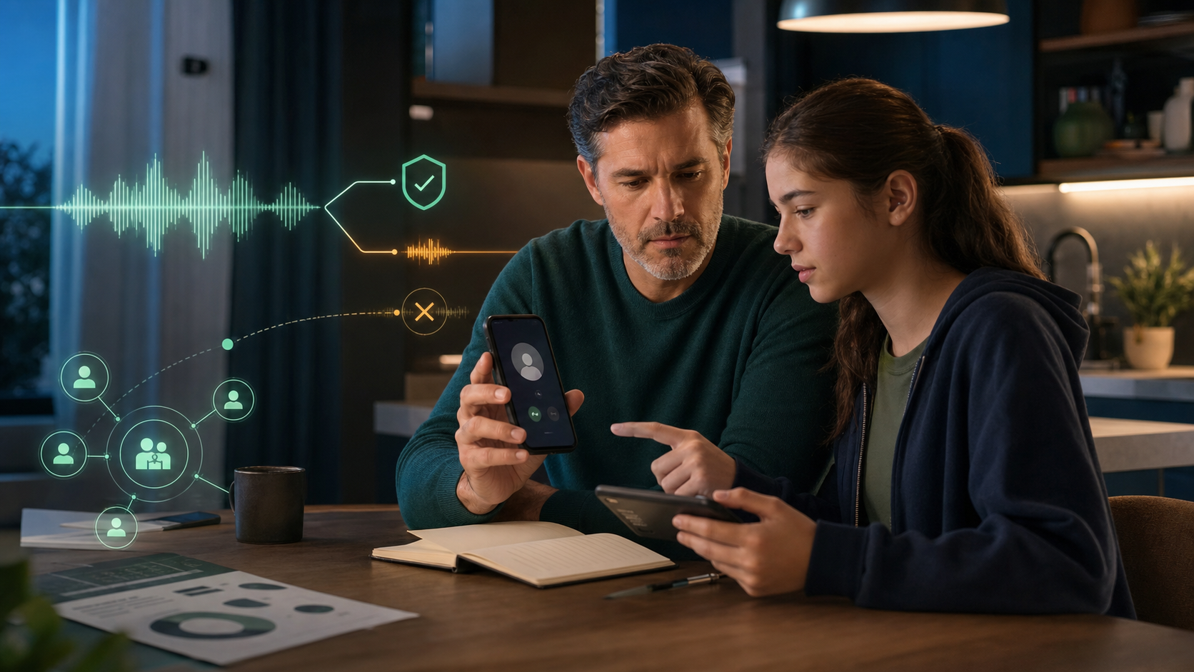 Parent and teenager calmly verifying a suspicious phone call using a trusted family contact plan