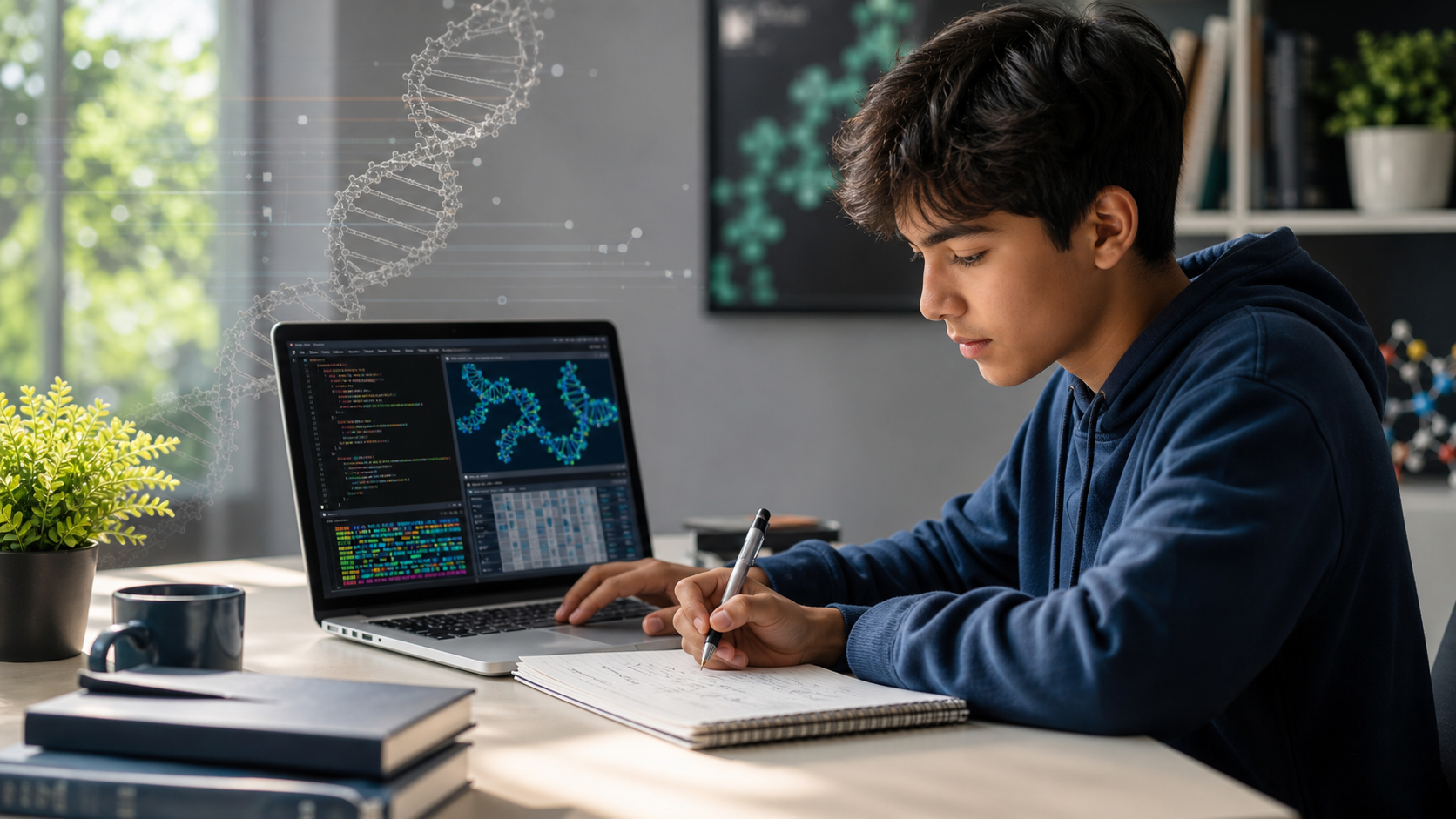 Teenager studying Python code and DNA sequence data in a modern STEM learning workspace