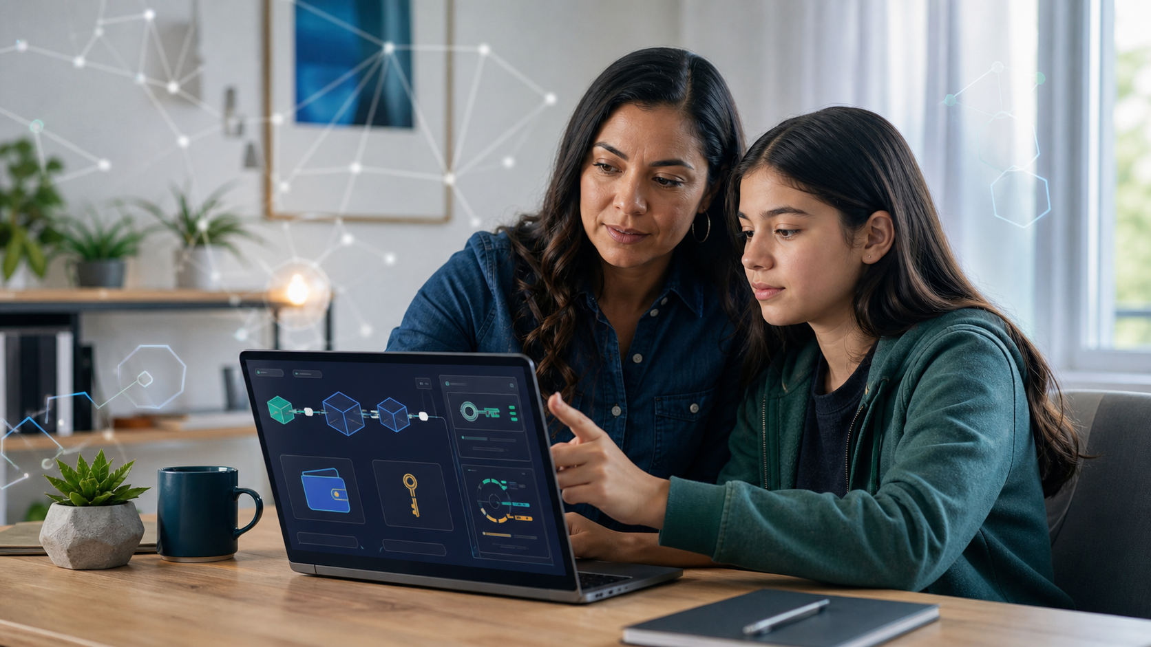 Parent and teen reviewing a blockchain simulation on a laptop