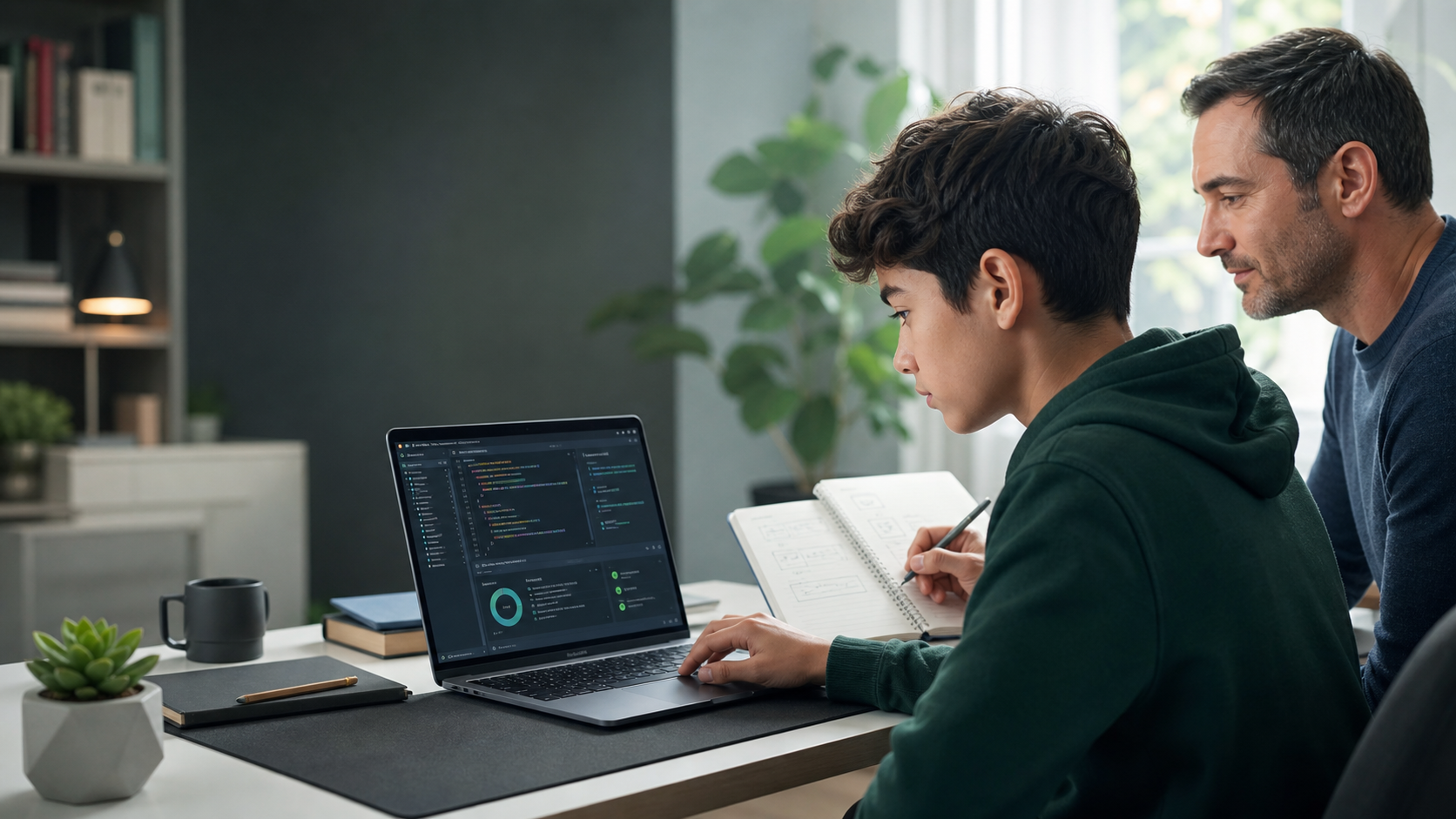 Student and parent debugging code with test notes in a modern home learning workspace