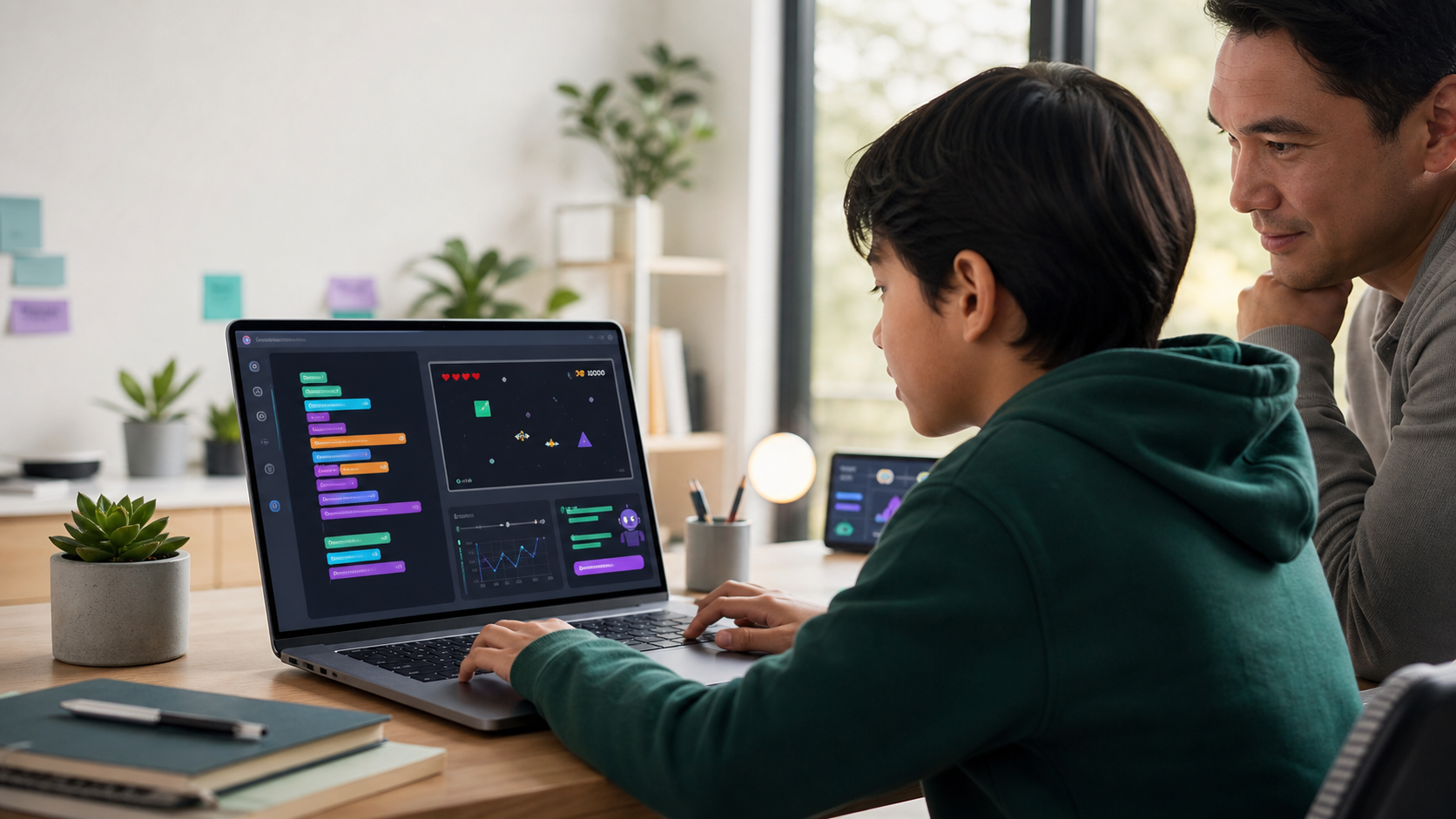 Child building an arcade game in a browser coding workspace while a parent reviews the playable preview