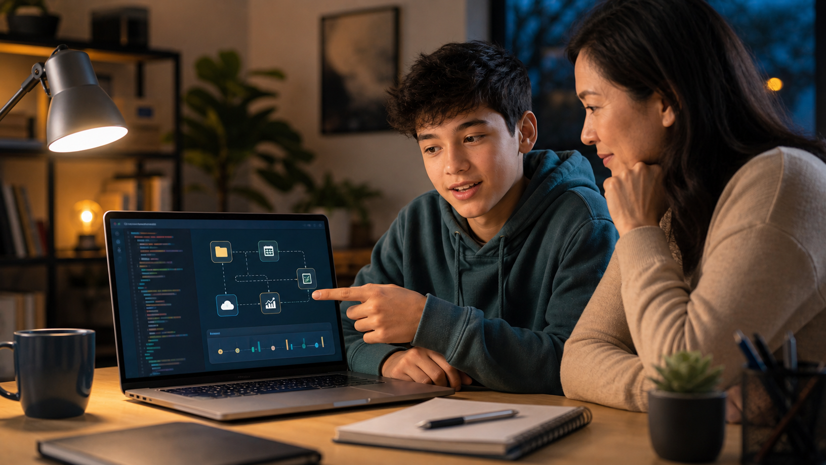 Teen explaining a Python automation workflow to a parent at a laptop in a home study space
