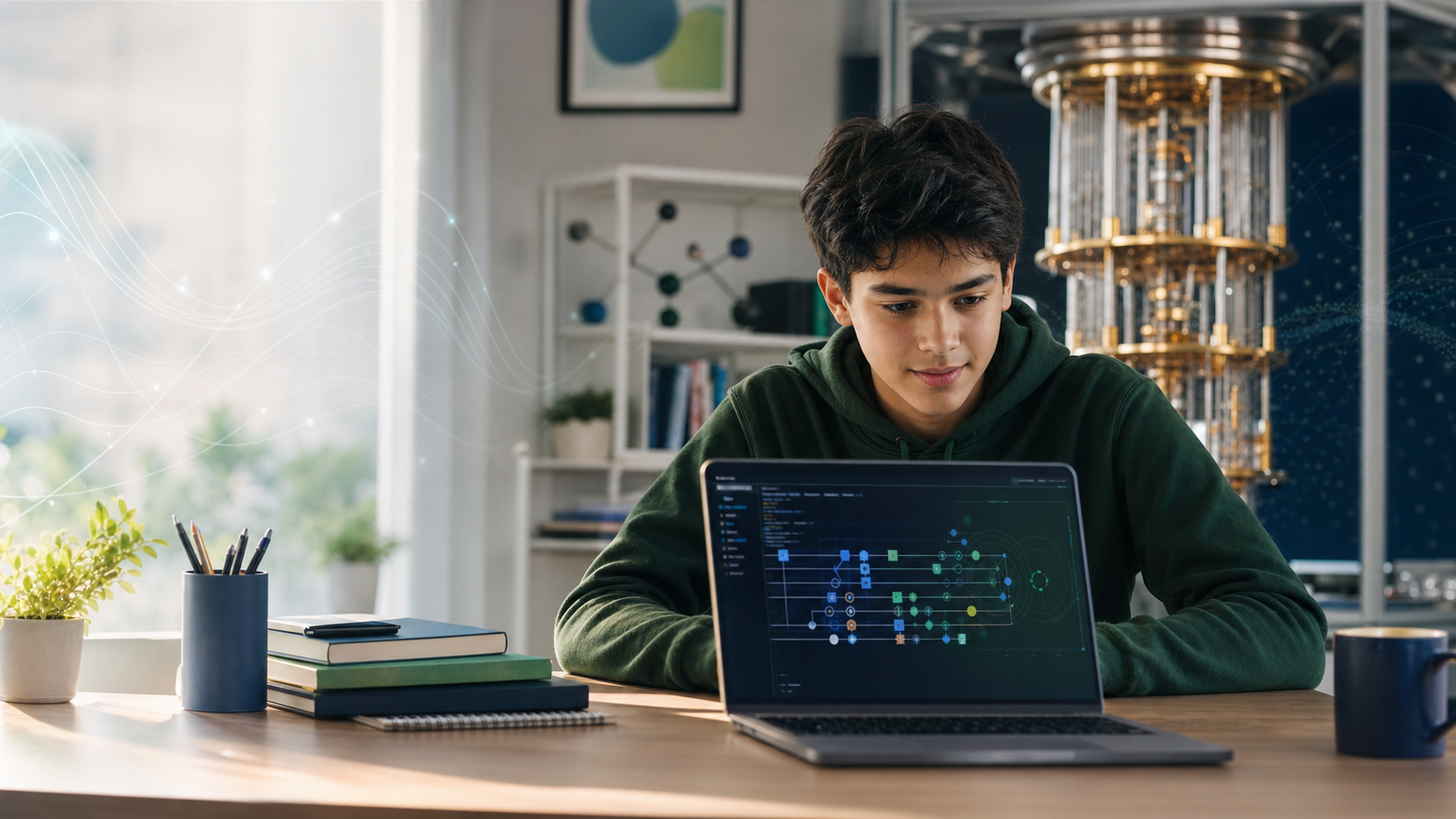 Teenager exploring a quantum circuit and Python code in a modern home learning workspace