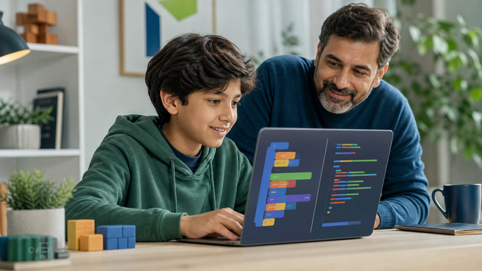 Preteen coder moving from visual programming blocks to Python with support from a parent