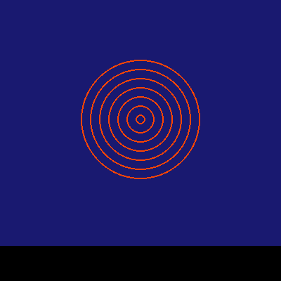 A peony firework made of seven thin orange-red rings growing outward from one point in a midnight-blue sky above a black harbor.