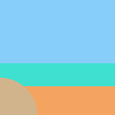 A beach in three bands of sky, sea, and sand, with a tan sand dune curving up from the bottom-left corner where most of a large circle hangs off the paper.