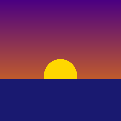 A sunset sky blending from deep purple at the top to orange at the bottom, with a gold sun sinking into a dark blue sea.