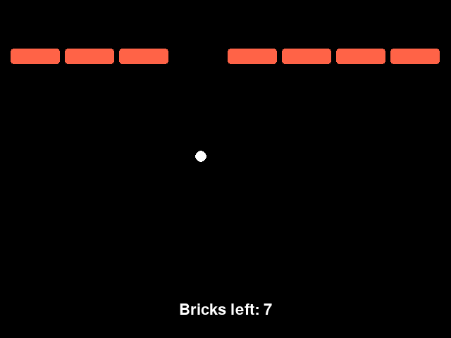 A black game window with a row of eight red bricks with one missing where a white ball has hit it and bounced back down.