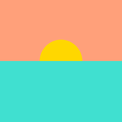 A gold sun half hidden behind a turquoise sea, on light salmon paper, so it appears to be setting.