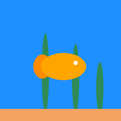 An orange fish swimming in front of three tall green strands of seaweed in blue water, with a sandy floor.