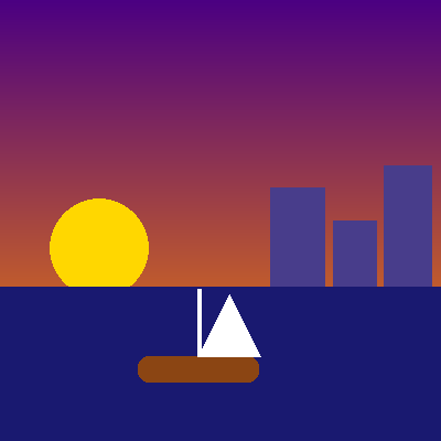 A sunset scene in layers: a purple-to-orange sky with a gold sun sinking on the left, dark buildings on the far shore to the right, a dark blue sea, and a sailboat in front.