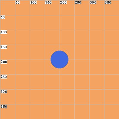 Sand-colored paper with a faint numbered grid every 50 steps, and a blue beach ball painted exactly in the middle at 200 across, 200 down.