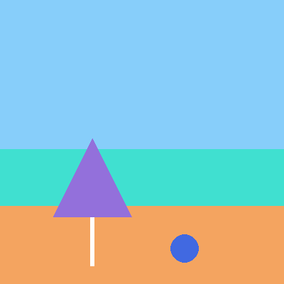 A beach scene with turquoise sea and sand: a purple triangle umbrella top sitting exactly above its thin white pole, with a blue beach ball beside it.