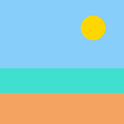 A simple beach postcard: light blue sky, a turquoise band of sea, a sandy brown band of sand, and a gold sun in the sky.