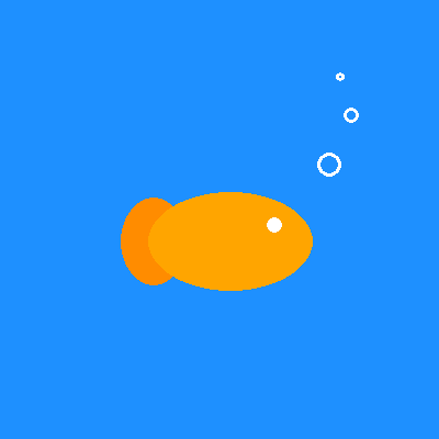 An orange fish made of two ovals with a white eye, in deep blue water, with three white ring-shaped bubbles rising above it.