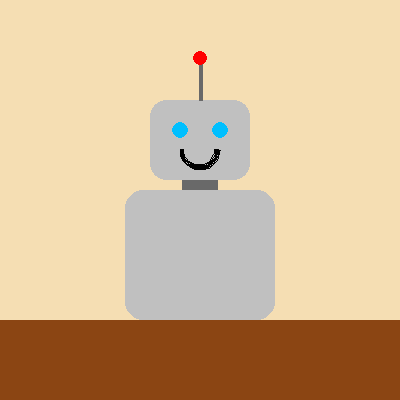 A friendly silver robot with a round red antenna tip, blue eyes, a black smile, and a square body, standing on a brown floor.