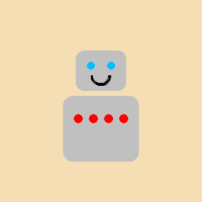 A silver robot with blue eyes and a smile, and a row of four red buttons across its chest, painted by a loop.