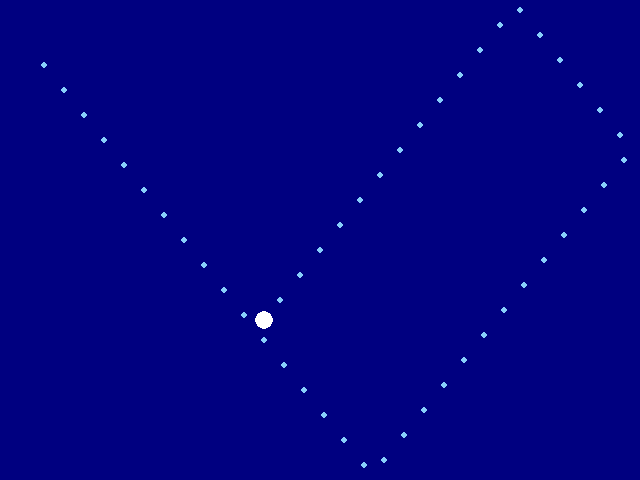 A navy court with a trail of pale blue dots showing a ball's zigzag path as it bounces off the bottom, right, and top walls.