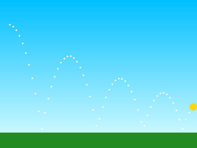 A sky scene with green ground and a trail of white dots tracing a ball's path as it bounces across the screen in arcs that get lower each time.