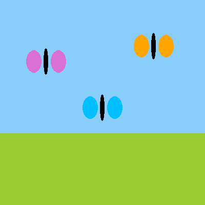 Three butterflies with oval wings in orchid, orange, and blue, flying over a green garden under a light blue sky.