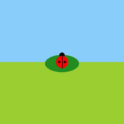 A red ladybug with a black head and two spots, sitting on a green leaf in a garden under a light blue sky.