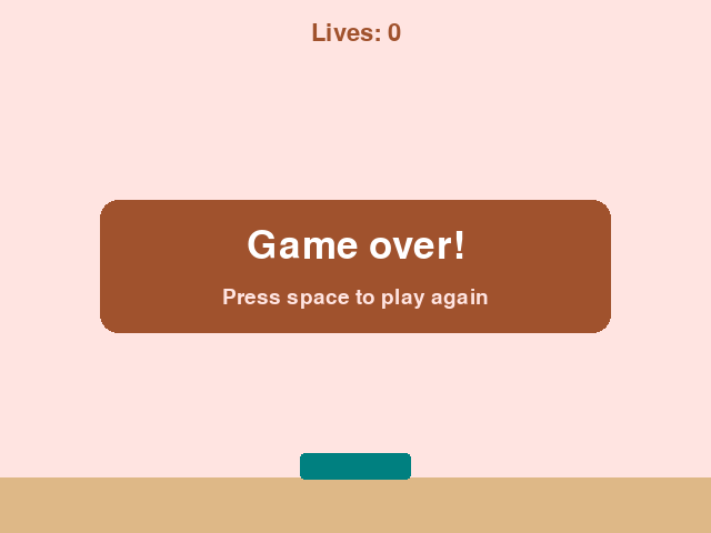 A bakery scene with a brown panel in the middle reading "Game over!" and "Press space to play again", with "Lives: 0" at the top.