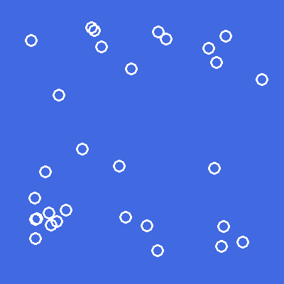 Deep blue water scattered with thirty white ring-shaped bubbles at random positions.
