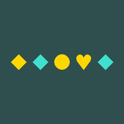 A row of five shapes on dark slate paper, each randomly a circle, a diamond, or a heart, in colors picked from a three-color palette.