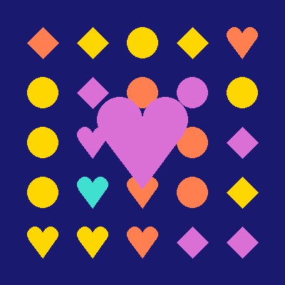 A generative poster: a five-by-five grid of small random circles, diamonds, and hearts in gold, coral, turquoise, and orchid, with one large shape in the center.