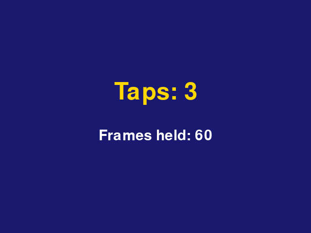 A dark blue game window showing "Taps: 3" in large gold text and "Frames held: 60" in white text below it.