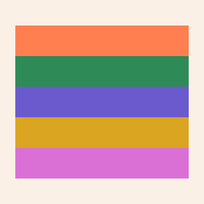 A quilt of five wide horizontal stripes in coral, sea green, slate blue, goldenrod, and orchid, on linen-colored paper.