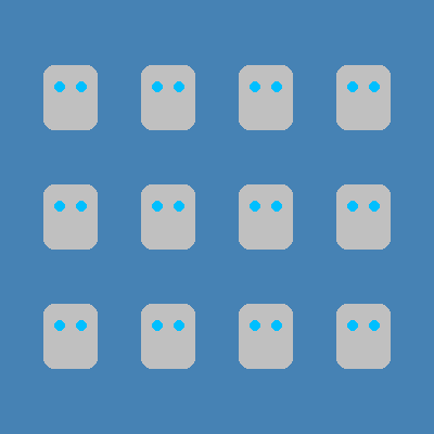 Three rows of four small silver robots with blue eyes on steel-blue paper, arranged in a neat grid.