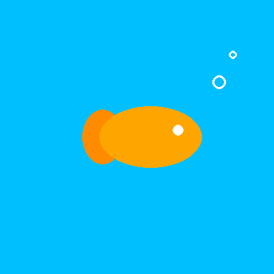 An orange fish with a darker tail and a white eye, swimming in blue water with two bubbles above it.