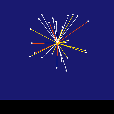 A fireworks burst of thin gold, orange-red, and white lines flying out from one point in a midnight-blue sky over a dark harbor.