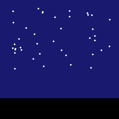 A midnight blue sky scattered with forty small white dots in the top half, above a black harbor.