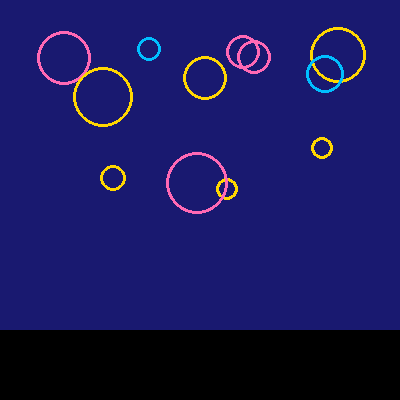 A night sky with twelve rings of random sizes in hot pink, deep sky blue, and gold, above a black harbor.