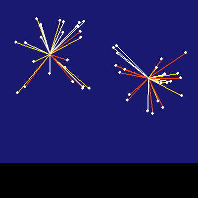 Two fireworks bursts in a night sky, each a spray of thin gold, orange-red, and white lines flying out from its own random center, above a black harbor.