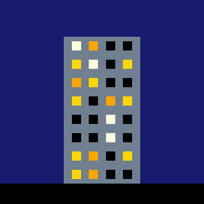 A tall gray building at night with a grid of windows, most lit in yellow and orange and a few dark, on midnight blue paper.