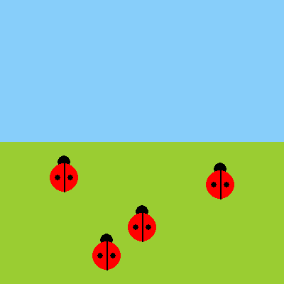 Four identical red ladybugs with black heads and spots, painted at different spots on a yellow-green lawn under a light blue sky.