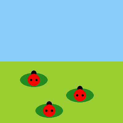 Three ladybugs each resting on its own dark green leaf, on a yellow-green lawn under a light blue sky.