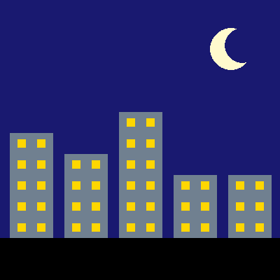 A city street at night: five gray buildings of different heights with lit yellow windows, a crescent moon, and a black road.