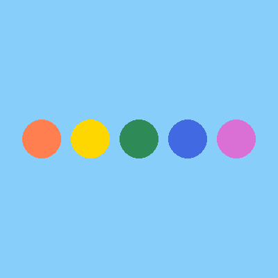 Five large circles in a row on light sky blue paper, colored coral, gold, sea green, royal blue, and orchid.