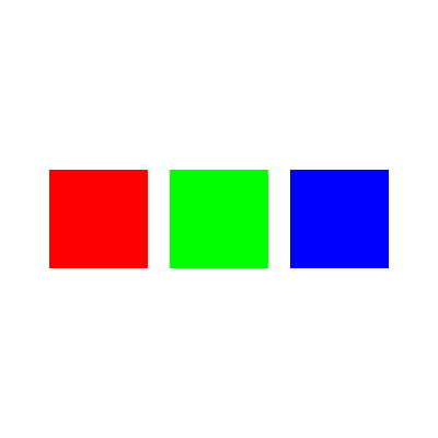 Three large squares on white paper: one pure red, one pure green, one pure blue.