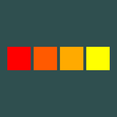 Four squares in a row on dark slate paper, shading from red through orange to yellow as the amount of green increases.