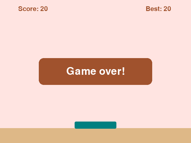 A bakery scene showing a score, a best score, no hearts left, and a brown panel reading "Game over!" in the middle of the screen.