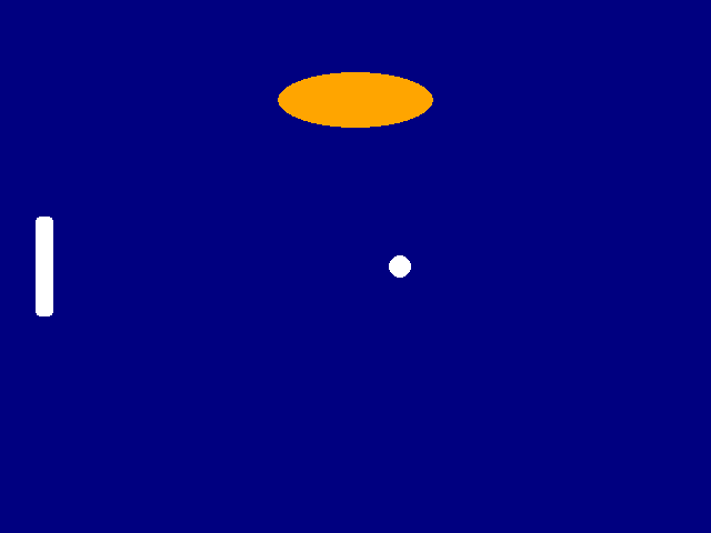 A navy game window with a white paddle on the left, a white ball that has moved to the right, and an orange oval near the top.