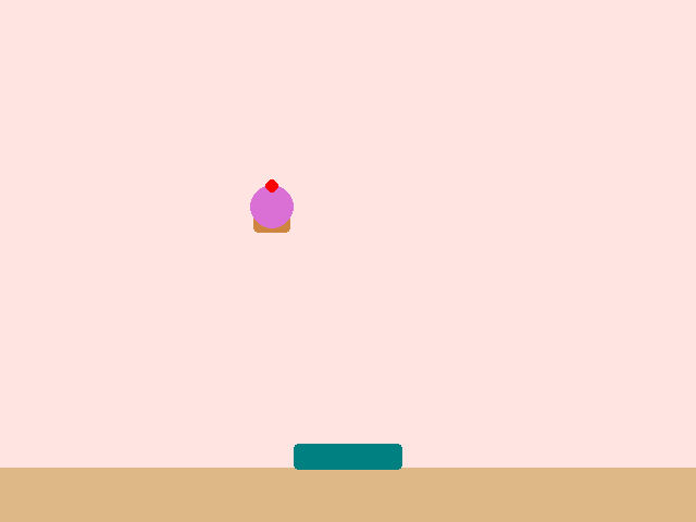 A bakery scene with a detailed cupcake falling through the air: a brown wrapper, purple frosting, and a red cherry on top, above a teal basket.