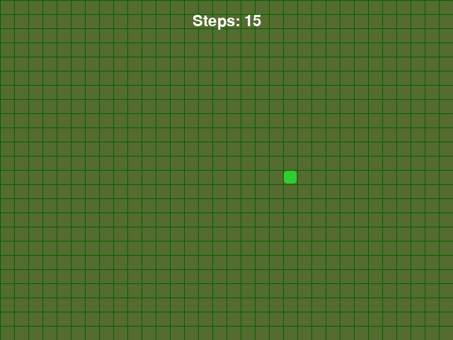 A dark green lawn with faint grid lines and a bright green square that has stepped across to the right, with "Steps: 15" written at the top.