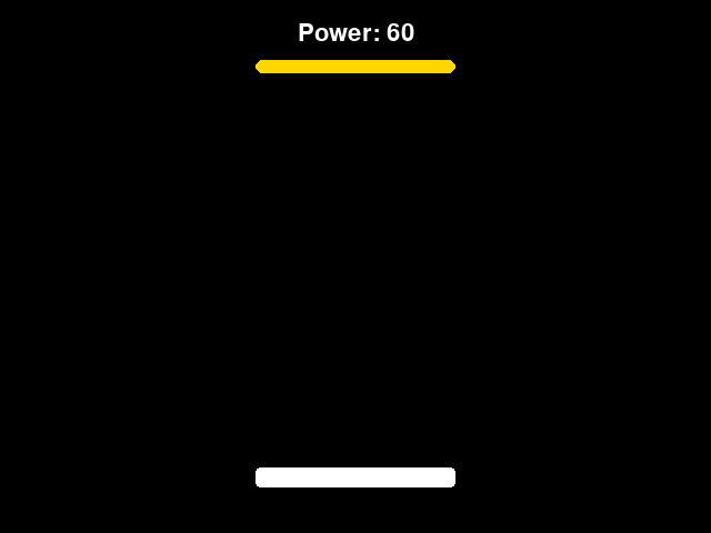 A black game window with a wide white paddle at the bottom, a gold power bar at the top about half its full length, and the words "Power: 60".
